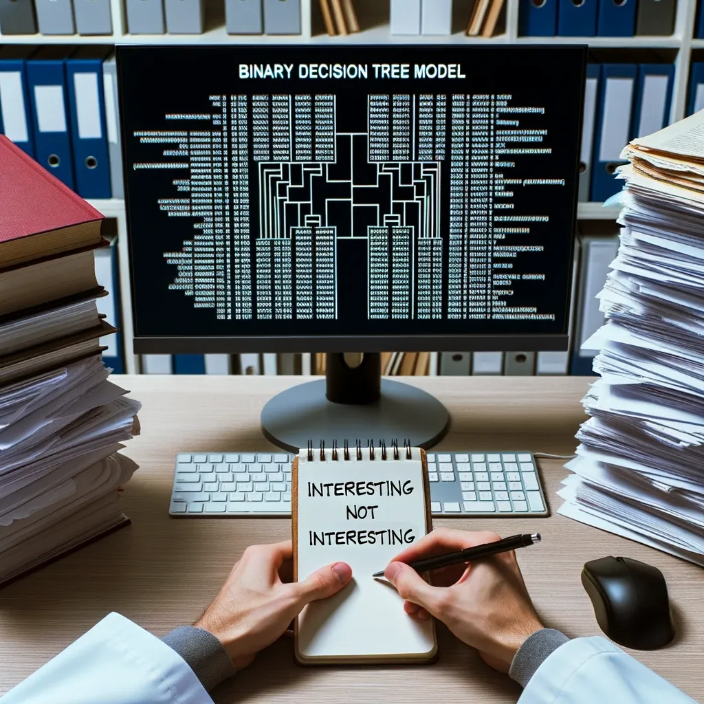 The trained binary decision tree that classifies paper titles as interesting or not