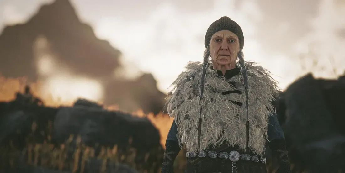 Hrymja, Brynhildur's abducted mentor, on a windswept hillside
