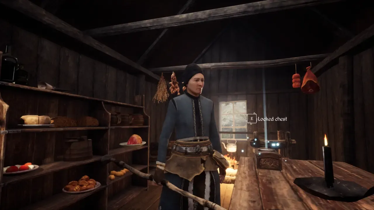 A candle-lit turf-house interior with a villager