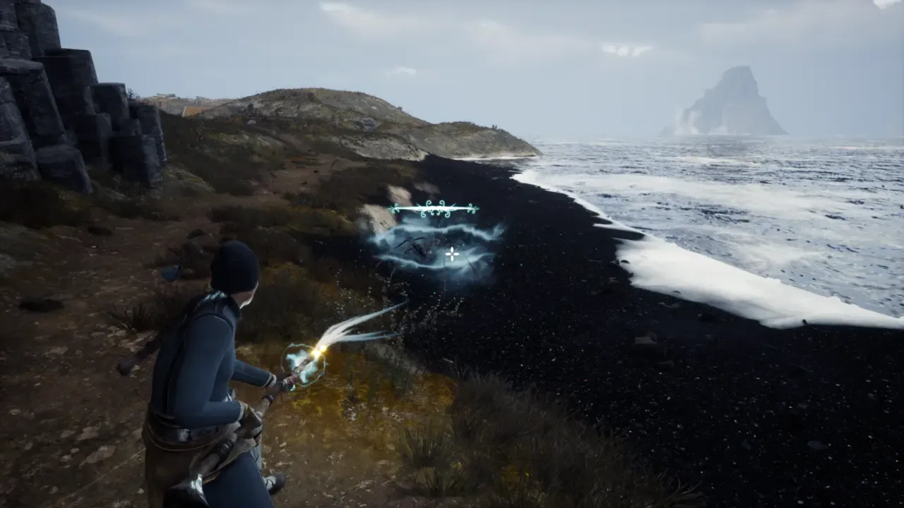 Brynhildur casting a spell on a black-sand beach in Island of Winds