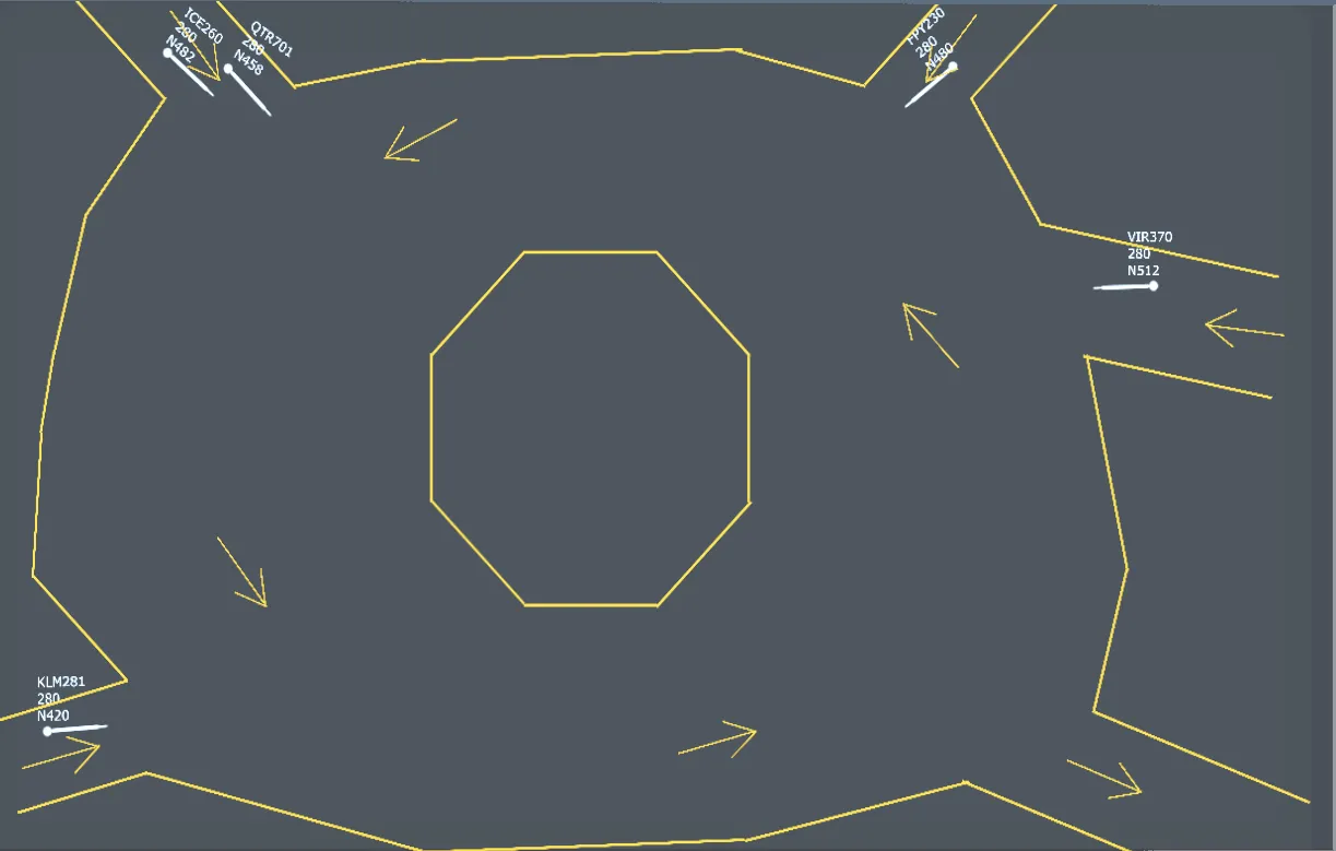 The task view: a top-down radar of aircraft and flight paths to guide to their exit points