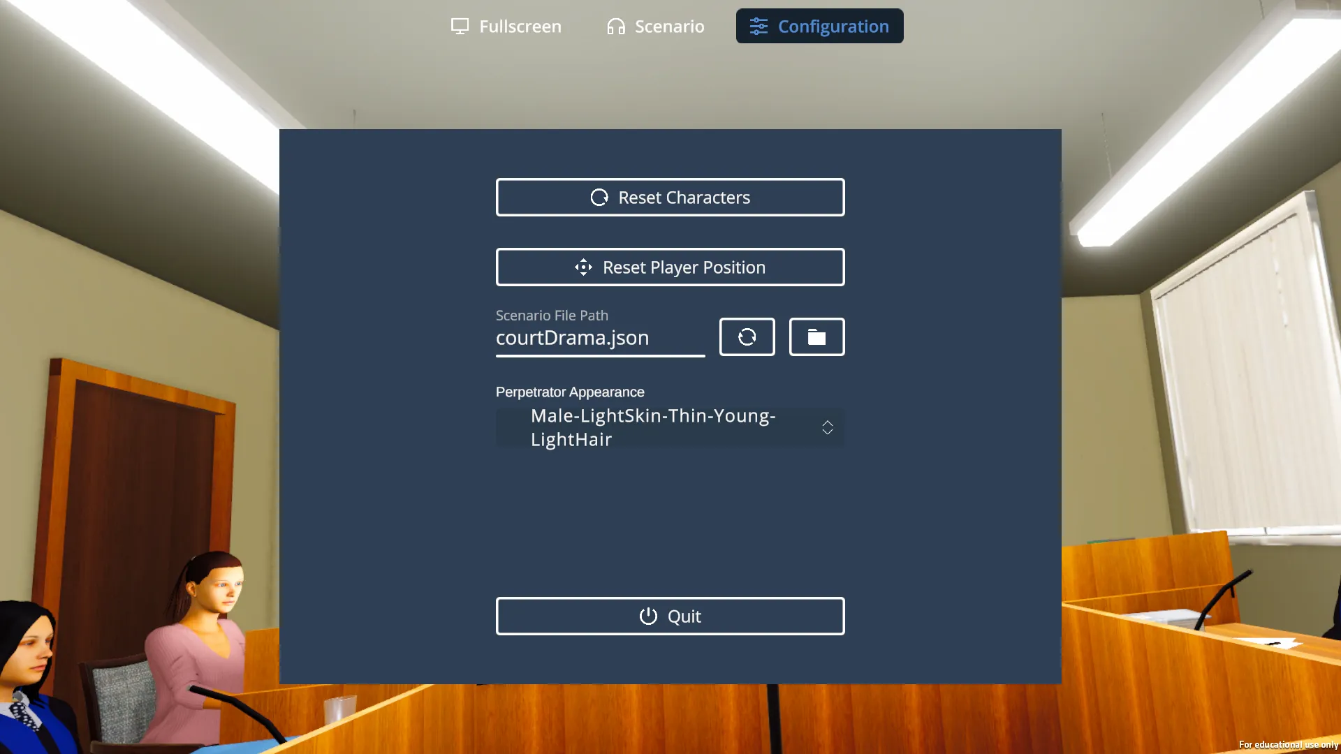 VR Courtroom session configuration options